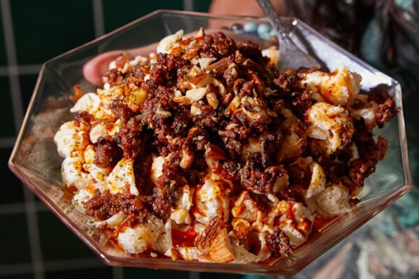 ‘Manti’ pasta salad with crispy lamb and garlic yoghurt