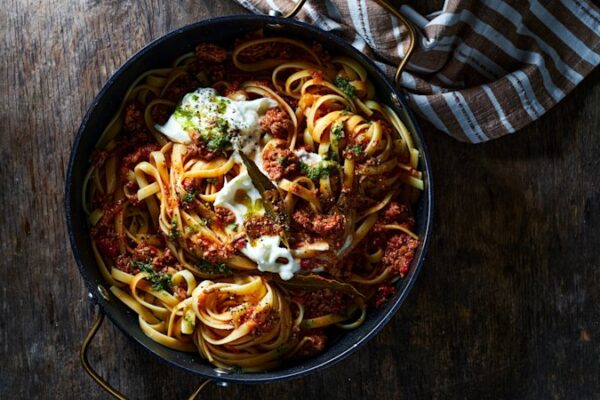 Fettuccine with caramelised fennel bolognese, parsley pesto and burrata